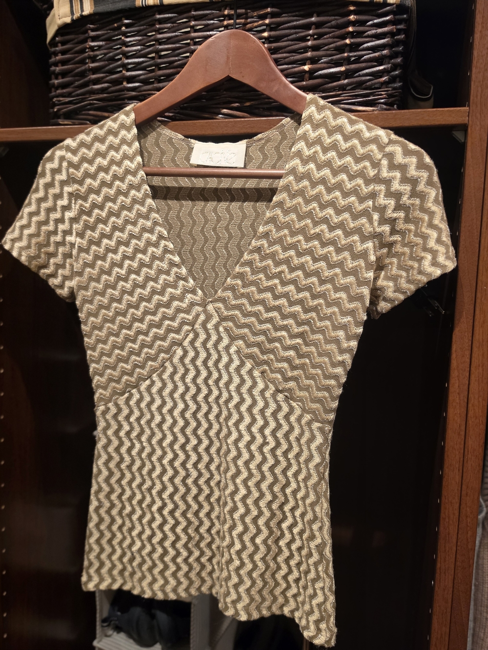 Cache Vintage Chevron V-Neck Short Sleeve Gold Shimery Dress Top